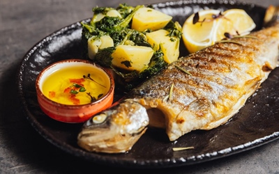 Grilled Sea Bass with Dalmatian-Style Swiss Chard and Potatoes