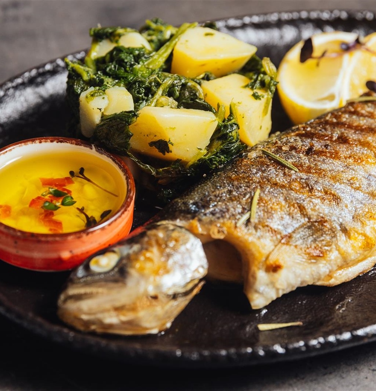 Grilled Sea Bass with Dalmatian-Style Swiss Chard and Potatoes